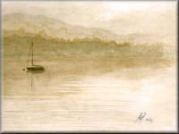 A watercolour painting of a boat in fog