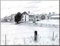 A Pencil drawing of a barn in a field