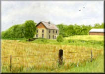 A watercolour painting of a barn in a field