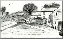 A Pen & Wash monochrome painting of cottages next to the Grand Union canal