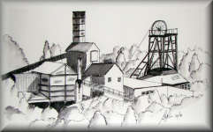 A Pen & Wash monochrome painting of the National Coal Mining Museum