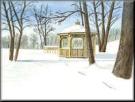 A watercolour painting of a gazebo in the snow