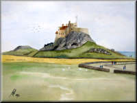 A watercolour painting of Lindisfarne castle