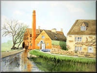 A watercolour painting of a water mill