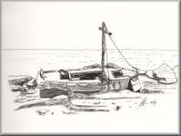 A Pen & Wash monochrome painting of an old fishing boat