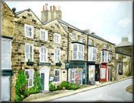 A watercolour painting of houses and shops in Pateley Bridge