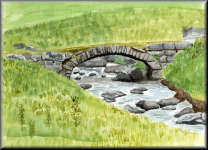 A watercolour painting of a small stone bridge