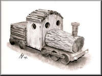 A Pencil drawing of a train engine made from logs
