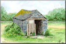 A watercolour painting of a small Welsh barn