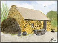 A watercolour painting of a blacksmiths cottage
