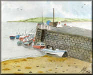 A watercolour painting of boats beside a harbour wall