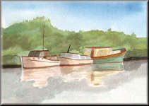 A watercolour painting of boats moored by a riverbank