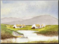 A watercolour painting of some crofters cottages by a pond