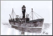 A Pen & Wash monochrome painting of the SPURN lightship