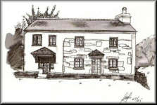 A Pen & Wash monochrome painting of a Cornish cottage