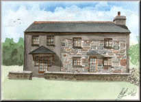 A watercolour painting of a cornish cottage