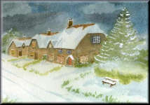 A watercolour painting of a Christmas snow scene