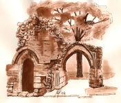 A Pen & Wash sketch of a ruined section of Knaresborough Castle in Yorkshire, using Sepia Ink