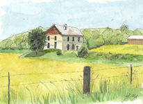 A Pen & Wash painting of a barn in a field