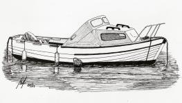 A Pen drawing of a small Boat at anchor