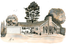 A Painting of a bungalow with trees behind