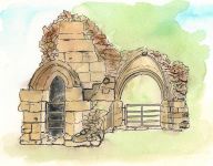 A Pen & Wash sketch of a ruined section of Knaresborough Castle