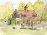 A Pen & Wash painting of a chapel situated in a cemetery