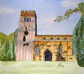 A Pen & Wash painting of All Saints church in Earls Barton
