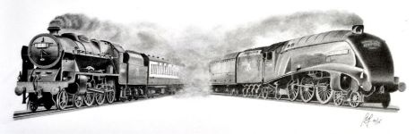 A pencil drawing of two steam locomotives