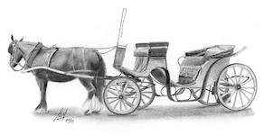 A pencil drawing of a horse and carriage