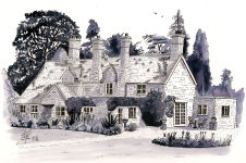 A Pen and ink drawing of a substantial house surrounded by trees