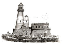 A Pen drawing of a lighthouse on a small rocky island