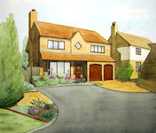 A Pen & Wash painting of a typical estate house