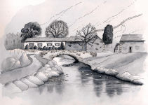 A monochrome painting of cottages with a bridge over a river.