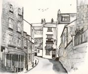 A Pen & Wash sketch of a road between houses and shops in Robin Hoods Bay