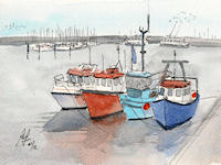 A Pen & Wash painting ofsmall boats in the harbour