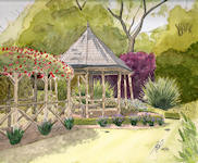A Pen & Wash painting of a wooden Gazebo with tiled roof and a rustic archway