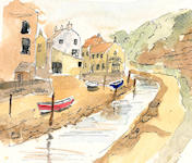 A Pen & Wash painting of cottages next to the river in Staithes