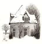 A Pen & Ink drawing of a small snow-covered Cottage