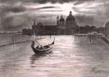 A pencil drawing of the Venice skyline at dusk