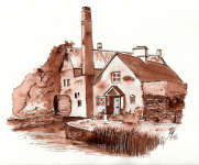 A Pen & Wash painting of a water mill in the Cotswolds