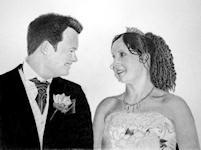A pencil drawing of a couple on their wedding day