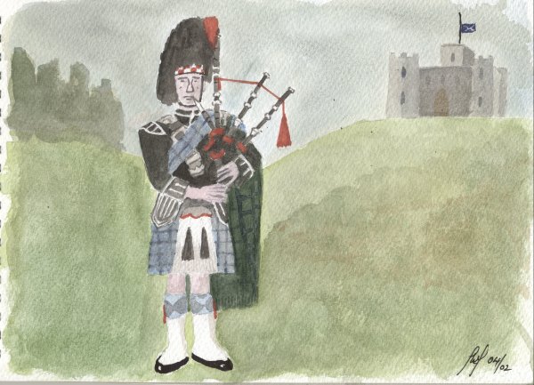 A Scottish piper from a photograph in a book. The background is fictitious. I felt ready to try something different ... I was wrong!