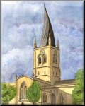 A watercolour painting of a church with a Crooked Spire