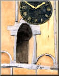 A watercolour painting of the door and clock at All Saints church