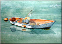 A watercolour painting of a small fishing boat