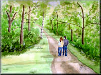 A watercolour painting of a couple walking in a forest