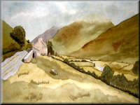 A watercolour painting of a cottage on a hill