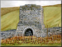 A watercolour painting of an old ruined lime kiln