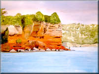 A watercolour painting of the red cliffs at Babbacombe
